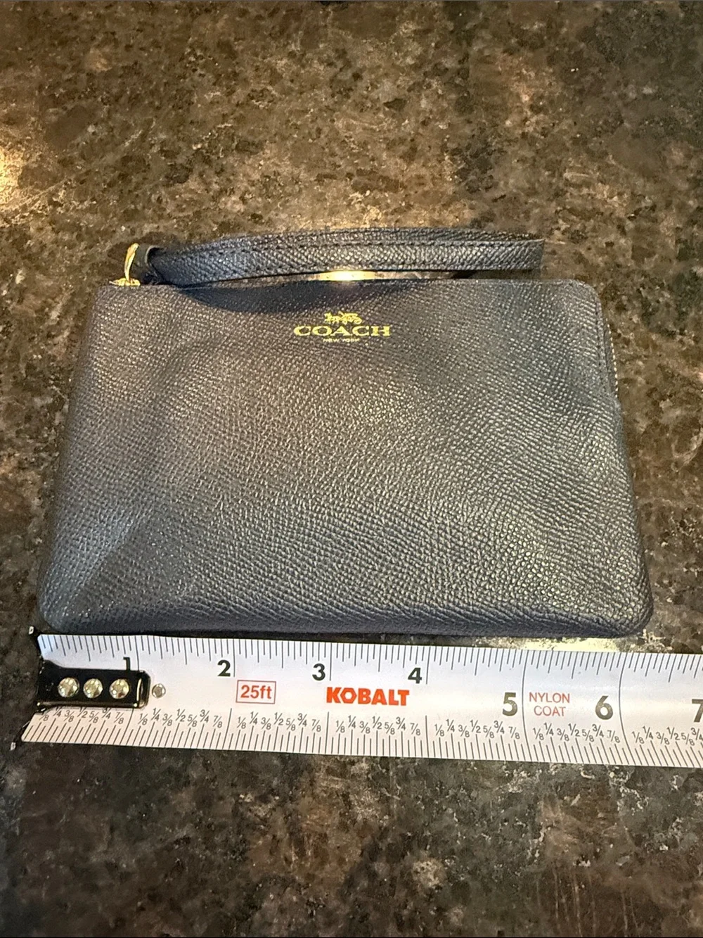 Coach Navy Textured Leather Wristlet with Gold Logo